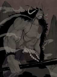 Rule 34 | 1boy, abs, absurdres, bake ryori, beard, black hair, bracelet, clenched teeth, club, club (weapon), collarbone, commentary, curled horns, empty eyes, english commentary, facial hair, highres, holding, holding weapon, horns, jewelry, kaidou (one piece), kanabou, long hair, male focus, mustache, one piece, oni, outdoors, scar, scar on chest, solo, spiked bracelet, spikes, teeth, topless male, weapon