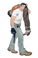 Rule 34 | 2boys, arm hair, bandaid, bandaid on cheek, bandaid on face, bara, beard stubble, bruce wayne, car keys, carrying, carrying over shoulder, carrying person, chain necklace, character request, check character, denim, facial hair, from side, gun, highres, holding, holding gun, holding weapon, horikwawataru, jeans, jewelry, long sideburns, looking at viewer, male focus, multiple boys, muscular, muscular male, necklace, pants, pectorals, shirt, short hair, sideburns, stubble, t-shirt, thick eyebrows, walking, weapon