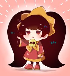 Rule 34 | 1girl, :o, arm at side, arm up, ashley (warioware), big hair, black hair, blush, chibi, dress, female focus, full body, hairband, highres, jitome, long hair, long sleeves, meiwari, nintendo, orange hairband, orange neckwear, outstretched arm, pink background, red dress, red eyes, red footwear, shoes, sidelocks, skull, solo, standing, twintails, very long hair, warioware, witch