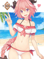 Rule 34 | 1boy, adapted costume, astolfo (fate), astolfo (sailor paladin) (fate), bare shoulders, beach, bikini, blue sky, blush, braid, cloud, collarbone, commentary request, cowboy shot, crop top, dan (kumadan), day, fang, fate/apocrypha, fate/grand order, fate (series), gluteal fold, hair ribbon, head tilt, heart, highres, long hair, looking at viewer, male focus, md5 mismatch, navel, ocean, off-shoulder bikini, off shoulder, official alternate costume, open mouth, outdoors, palm tree, pink hair, purple eyes, resolution mismatch, ribbon, sailor collar, sand, school uniform, serafuku, single braid, sky, smile, solo, source smaller, spaghetti strap, swimsuit, trap, tree, twitter username, v, water