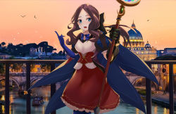 Rule 34 | 1girl, absurdres, bird, blue eyes, blue legwear, boat, breasts, bridge, brown hair, cape, chinese commentary, commentary, fate/grand order, fate (series), gauntlets, highres, holding, holding staff, leonardo da vinci (fate), leonardo da vinci (rider) (fate), long hair, looking at viewer, musicatopos, open mouth, outdoors, skirt, small breasts, solo, staff, sunset, teeth, watercraft