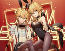 Rule 34 | 1boy, 1girl, aether (genshin impact), ahoge, alternate costume, animal ears, artist name, backless leotard, bare arms, bare shoulders, black footwear, black leotard, black neckwear, black pantyhose, black shorts, bow, bowtie, braid, breasts, brother and sister, cleavage, crossed legs, detached collar, fake animal ears, flyawaychan, garter straps, genshin impact, hair between eyes, high heels, highres, leg up, leotard, light particles, long hair, looking at viewer, lumine (genshin impact), midriff, navel, pantyhose, playboy bunny, puffy short sleeves, puffy sleeves, rabbit ears, rabbit tail, red background, shiny clothes, shiny legwear, shirt, short hair with long locks, short sleeves, shorts, siblings, suspender shorts, suspenders, thighhighs, white shirt, yellow eyes