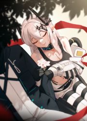 Rule 34 | 1girl, 1other, absurdres, arknights, arm hug, bare shoulders, black coat, black gloves, bouquet, breasts, cleavage, closed eyes, closed mouth, coat, collar, collarbone, couple, earrings, flower, gloves, grey hair, hair ornament, highres, holding, holding bouquet, horns, infection monitor (arknights), jewelry, kasasasagi, large breasts, long hair, long sleeves, mudrock (arknights), navel, off shoulder, open clothes, open coat, pink flower, pointy ears, sitting, smile, solo focus, sports bra