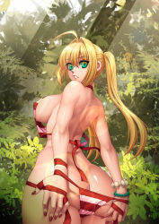 Rule 34 | 1girl, absurdres, ahoge, arched back, arms behind back, ass, back, bare back, bikini, blonde hair, bracelet, breasts, covered erect nipples, day, fate/grand order, fate (series), from behind, green eyes, hair intakes, halterneck, highres, jewelry, kiazee, large breasts, lens flare, light rays, long hair, looking at viewer, looking back, nail polish, nero claudius (fate), nero claudius (fate) (all), nero claudius (swimsuit caster) (fate), outdoors, parted lips, red nails, side-tie bikini bottom, sideboob, solo, striped bikini, striped clothes, swimsuit, twintails, untied bikini