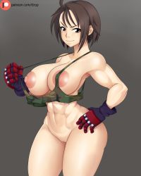 Rule 34 | 1girl, abs, ahoge, bottomless, breasts, brown eyes, brown hair, camouflage, capcom, cleft of venus, functionally nude, gloves, justice gakuen, kazama akira, large areolae, large breasts, muscular, muscular female, pussy, short hair, smile, street fighter, thick thighs, thighs, ttrop