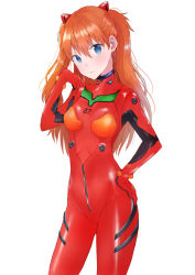 Rule 34 | 1girl, :3, bad id, bad pixiv id, blue eyes, blush, bodysuit, breasts, brown hair, closed mouth, cowboy shot, hair between eyes, hand on own hip, hand up, interface headset, kubong, long hair, looking at viewer, neon genesis evangelion, pilot suit, plugsuit, red bodysuit, simple background, small breasts, solo, souryuu asuka langley, standing, two side up, white background