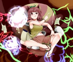 Rule 34 | 1girl, :q, alcohol, animal ears, bloomers, blush, bottle, bracelet, breasts, brown eyes, brown hair, female focus, flip-flops, full body, futatsuiwa mamizou, glasses, jewelry, large breasts, leaf, leaf on head, miki purasu, notepad, object on head, paper, raccoon ears, raccoon tail, sake, sandals, sitting, solo, tail, tongue, tongue out, touhou, underwear