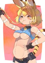 Rule 34 | 1girl, :3, animal ears, arm up, bare shoulders, belt, belt pouch, big belly, black belt, black choker, black gloves, blonde hair, blue shirt, blush, breasts, cat ears, cat tail, cheese trail, choker, commentary, cosplay, crop top, eating, extra ears, fingerless gloves, fingernails, food, gloves, hair between eyes, hand on own hip, highres, holding, holding food, holding pizza, kemono friends, large breasts, midriff, ms. fortune (skullgirls), ms. fortune (skullgirls) (cosplay), navel, osnmykk, parted lips, pizza, pouch, raised eyebrow, scar, serval (kemono friends), sharp fingernails, shirt, short hair, short shorts, shorts, simple background, skindentation, skullgirls, sleeveless, sleeveless shirt, slit pupils, smile, solo, stomach, tail, underboob, yellow eyes
