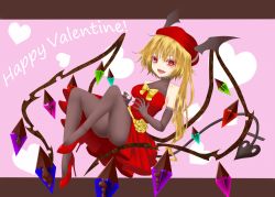 Rule 34 | 1girl, black gloves, black pantyhose, blonde hair, bow, commentary, crystal, dai zu san, demon tail, demon wings, dress, elbow gloves, english commentary, english text, fang, flandre scarlet, floating, gloves, halterneck, happy valentine, head wings, heart, high heels, letterboxed, long hair, looking at viewer, mixed-language commentary, open mouth, pantyhose, pink background, red dress, red eyes, red footwear, short dress, smile, solo, tail, touhou, valentine, wings, yellow bow