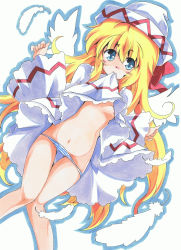 Rule 34 | 1girl, absurdres, blonde hair, blue eyes, breasts, feathers, female focus, hat, highres, lily white, long hair, marker (medium), medium breasts, milkpanda, mouth hold, navel, nipples, panties, small nipples, solo, striped clothes, striped panties, touhou, traditional media, underwear, wings