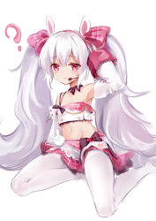Rule 34 | 1girl, ?, absurdres, animal ears, armpits, azur lane, black choker, breasts, cannian dada, choker, cleavage, closed mouth, collarbone, detached sleeves, expressionless, fake animal ears, hair between eyes, hair ribbon, hairband, headset, highres, laffey (azur lane), laffey (bunny idol @unmotivated) (azur lane), light purple hair, long hair, long sleeves, looking at viewer, midriff, navel, pantyhose, pink eyes, pink ribbon, pink skirt, plaid, plaid skirt, rabbit ears, ribbon, ribbon choker, sidelocks, simple background, sitting, skirt, sleeves past wrists, small breasts, solo, strapless, thighband pantyhose, twintails, wariza, white background, white pantyhose, wide sleeves