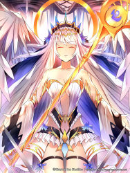 Rule 34 | 1girl, angel wings, breasts, cleavage, detached sleeves, eternal wars, facing viewer, gold trim, highres, indoors, medium breasts, midriff, official art, staff, standing, sysen, thigh strap, thighhighs, white hair, wings