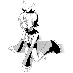 Rule 34 | 1girl, arm support, artist name, boots, bow, closed mouth, detached sleeves, expressionless, full body, greyscale, hair bow, hair ornament, hairclip, halftone, highres, kagamine rin, knee boots, looking away, monochrome, neckerchief, on ground, sailor collar, shadow, shirt, short hair, shorts, sidelighting, simple background, sitting, sleeveless, sleeveless shirt, solo, suuno kamibukuro, turning head, vocaloid, wide sleeves, yokozuwari