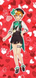 Rule 34 | 1girl, black footwear, black skirt, blue eyes, blush, bow, green bow, green headwear, green vest, highres, idol clothes, loafers, looking at viewer, nakao azuma, nijisanji, official art, open mouth, orange hair, shirt, shoes, short hair, skirt, socks, solo, standing, straight-on, sweatdrop, tachi-e, thigh strap, vest, virtual youtuber, white shirt, white socks