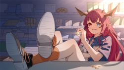Rule 34 | 1girl, blue eyes, coin, employee uniform, heterochromia, highres, holed coin, hololive, hololive english, horns, irys (hololive), jl tan, long hair, multicolored hair, pointy ears, purple eyes, purple hair, red hair, shelf, shoe soles, shoes, socks, solo, streaked hair, uniform, very long hair, virtual youtuber