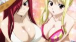 10s 2girls animated anime_screenshot bikini blonde_hair blush breasts brown_eyes cleavage erza_scarlet fairy_tail hat large_breasts long_hair looking_at_viewer lucy_heartfilia multiple_girls red_hair sound swimsuit teasing underboob video