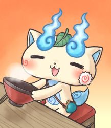 Rule 34 | 10s, blush, bowl, chill ykon, coin purse, gradient background, komasan, leaf, leaf on head, no humans, open mouth, orange background, sitting, solo, steam, stool, traditional youkai, youkai watch, youkai watch 2