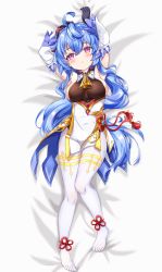 Rule 34 | 1girl, absurdres, ahoge, arms up, bed, bell, black gloves, blue hair, blush, breasts, chinese knot, detached sleeves, feet, flower knot, full body, ganyu (genshin impact), genshin impact, gloves, gold trim, highres, horns, long hair, looking away, low ponytail, lying, medium breasts, neck bell, no shoes, on back, pantyhose, purple eyes, sideboob, sidelocks, solo, tassel, thighlet, vision (genshin impact), white pantyhose, white sleeves, yuki kokoro