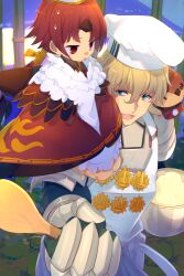 Rule 34 | 1boy, 1girl, apron, armor, badge, benienma (fate), bird, bird hat, breastplate, breasts, brown hat, chef hat, cooking pot, echo (circa), fate/grand order, fate (series), feather trim, gauntlets, gawain (fate), hat, japanese clothes, kimono, long hair, long sleeves, low ponytail, mashed potatoes, parted bangs, pauldrons, red eyes, red hair, red kimono, seiza, shoulder armor, sitting, small breasts, sparrow, very long hair, white apron, white hat, wide sleeves, wooden spoon