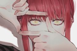 Rule 34 | 1girl, chainsaw man, close-up, eye focus, finger frame, ku ha, looking at viewer, makima (chainsaw man), medium hair, red hair, ringed eyes, sidelocks, simple background, solo, white background, yellow eyes