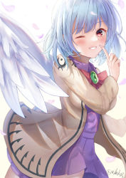 Rule 34 | 1girl, absurdres, angel wings, arm up, beige jacket, blush, bow, bowtie, breasts, brooch, collar, commentary, dress, eyelashes, feathered wings, feathers, finger to mouth, fingernails, gem, gradient background, green gemstone, grin, hair between eyes, hand up, highres, jacket, jewelry, kishin sagume, long sleeves, looking at viewer, medium breasts, niko kusa, one eye closed, open mouth, petals, purple collar, purple dress, red bow, red bowtie, red eyes, short dress, short hair, silver hair, single wing, smile, solo, standing, touhou, twitter username, white background, wings