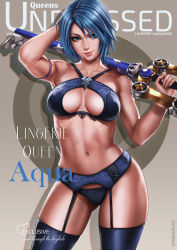 Rule 34 | 1girl, aqua (kingdom hearts), arm behind head, arm up, armband, armpits, artist name, biceps, blue bra, blue eyes, blue hair, blue panties, bra, breasts, cleavage, cleavage cutout, closed mouth, clothing cutout, collarbone, cover, dandon fuga, english text, feet out of frame, female focus, garter belt, garter straps, gluteal fold, grey background, heart, highres, keyblade, kingdom hearts, kingdom hearts birth by sleep, lingerie, lips, looking at viewer, magazine cover, medium breasts, navel, over shoulder, panties, pinup (style), short hair, simple background, smile, solo, standing, stomach, thigh gap, thighhighs, thighs, toned, underwear, weapon, weapon over shoulder