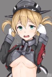 Rule 34 | 10s, 1girl, anchor hair ornament, blonde hair, blue eyes, blush, breasts, cross, hair ornament, hat, highres, holding, holding own hair, iron cross, kantai collection, long hair, military, military uniform, open mouth, peaked cap, prinz eugen (kancolle), simple background, solo, takumin (takumi415), twintails, underboob, uniform