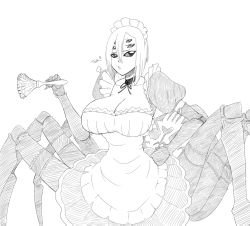 Rule 34 | 10s, 1girl, alternate costume, apron, arachne, arthropod girl, breasts, carapace, choker, claws, cleavage, duster, enmaided, extra eyes, feather duster, hair between eyes, hand on own hip, huge breasts, insect girl, maid, maid apron, maid headdress, monochrome, monster girl, monster musume no iru nichijou, multiple legs, planet of junk, rachnera arachnera, sigh, sketch, skull, solo, spider girl, taur