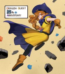 Rule 34 | 1girl, alena (dq4), belt, boots, cape, commentary request, copyright name, curly hair, dragon quest, dragon quest iv, english text, gloves, hat, highres, jun (navigavi), long hair, looking back, pantyhose, red eyes, red hair, rubble, slime (dragon quest), solo, square enix