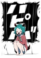 Rule 34 | 1girl, :d, ahoge, animal ears, barefoot, bloomers, blush, commentary request, dress, closed eyes, full body, green hair, highres, kasodani kyouko, namauni, open mouth, pink dress, short hair, sidelocks, smile, solo, squatting, tail, thick eyebrows, touhou, translation request, underwear, white background, white bloomers