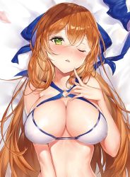 Rule 34 | 1girl, bare shoulders, bed sheet, bikini, blue ribbon, blush, bolt action, breasts, cleavage, collarbone, commentary request, dakimakura (medium), finger to cheek, finger to mouth, flower, girls&#039; frontline, green eyes, gun, hair between eyes, hair ribbon, jewelry, korean commentary, large breasts, long hair, looking at viewer, lying, narae, official alternate costume, on back, on bed, one eye closed, open mouth, orange hair, petals, ribbon, simple background, smile, solo, springfield (girls&#039; frontline), springfield (stirring mermaid) (girls&#039; frontline), swimsuit, weapon, white bikini