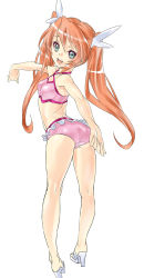 Rule 34 | 1girl, aqua eyes, ass, bad id, bad pixiv id, bikini, blue eyes, brown hair, dodai shouji, from behind, full body, head wings, high heels, highres, long hair, looking at viewer, looking back, mascot, mikan (pc angel neo), open shoes, orange hair, pc angel, pc angel neo, pc engine neo, personification, pink bikini, shiny clothes, shiny skin, shoes, simple background, smile, solo, swimsuit, toeless footwear, twintails, white background, wings