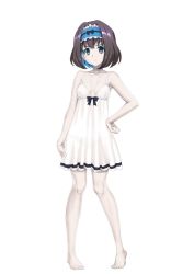 Rule 34 | 1girl, bare shoulders, barefoot, black hair, blue eyes, blush, breasts, cleavage, female focus, frilled hairband, frills, fujikawa daichi, full body, garie tuman, hair ornament, hairband, hand on own hip, looking at viewer, nightgown, senki zesshou symphogear, short hair, simple background, small breasts, solo, standing, white background