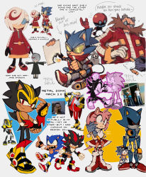 Rule 34 | 2girls, 3d, 6+boys, 9474s0ul, alternate costume, alternate universe, amy rose, animal ears, black gloves, blowtorch, boots, burning, character doll, closed mouth, commentary, doll, dr. eggman, dress, eggman nega, english commentary, english text, facial hair, fire, full body, furry, furry female, furry male, gloves, goggles, goggles on head, green-tinted eyewear, green eyes, grey background, highres, holding, holding another&#039;s wrist, holding doll, holding paper, indian style, jacket, long sleeves, looking at another, looking at viewer, mary janes, meme, metal sonic, multiple boys, multiple girls, mustache, open mouth, orbot, paper, photo (medium), pointing, red dress, red eyes, red footwear, red jacket, reference inset, sage (sonic), shadow the hedgehog, shoes, short hair, signature, simple background, sitting, smile, sonic (series), sonic frontiers, sonic the hedgehog, speech bubble, standing, tail, teeth, tinted eyewear, white gloves, white hair