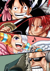 Rule 34 | 1girl, 3boys, absurdres, breasts, cape, dress, facial hair, father and daughter, gordon (one piece), hat, headphones, highres, holding, holding sword, holding weapon, jacket, jolly roger, large breasts, lips, long hair, looking at viewer, looking up, monkey d. luffy, multicolored hair, multiple boys, naughty face, oda eiichirou (style), official alternate costume, official style, old, old man, one piece, one piece film: red, pirate hat, red hair, riku (rikuw223xx), scar, scar on face, shanks (one piece), short hair, sunglasses, sword, two-tone hair, two side up, underwear, uta (one piece), very long hair, weapon, wings