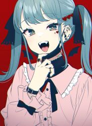 1girl :d aqua_eyes aqua_hair belt_buckle buckle center_frills ear_piercing facial_mark fangs frilled_shirt frills hair_ornament haruyuki_14 hatsune_miku heart heart_facial_mark heart_hair_ornament highres jewelry mask medium_hair miku_day mouth_mask multiple_rings open_mouth piercing pink_shirt red_background ring shirt smile solo teeth tongue twintails upper_teeth_only vampire_(vocaloid) vocaloid wings yellow_pupils