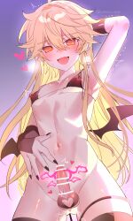 Rule 34 | 1boy, absurdres, aether (genshin impact), ahoge, armpits, bikini, bikini top only, black nails, black wings, blonde hair, blush, braid, brown gloves, brown thighhighs, covered erect nipples, demon wings, earrings, erection, fangs, fingerless gloves, genshin impact, gloves, gluteal fold, hair between eyes, heart, heart-shaped pupils, highres, jewelry, lemon (dlraud1123), long hair, male focus, micro bikini, navel, nipples, open mouth, penis, pubic tattoo, smile, solo, stomach, swimsuit, symbol-shaped pupils, tattoo, testicles, thighhighs, trap, wings, yellow eyes