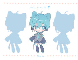 1boy :o animal_ears black_headphones blue_eyes blue_hair blue_necktie blush_stickers boots cat_boy cat_ears cat_tail character_name chibi commentary_request detached_sleeves full_body genderswap genderswap_(ftm) hatsune_mikuo headset looking_at_viewer male_focus midriff_peek necktie open_mouth partial_commentary s_y_u_08 short_hair shorts silhouette simple_background sleeves_past_fingers sleeves_past_wrists solo spring_onion standing tail thigh_boots vocaloid white_background