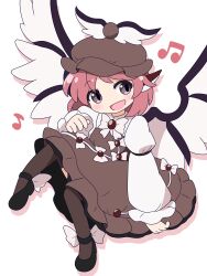 1girl :d animal_ears beamed_eighth_notes bird_ears bird_wings black_footwear black_pantyhose blush brown_dress brown_eyes brown_hat commentary_request dress eighth_note frilled_dress frills full_body hat highres long_sleeves looking_at_viewer musical_note mystia_lorelei open_mouth pantyhose pink_hair rizleting shirt short_hair simple_background sitting sleeve_garter smile solo touhou white_background white_shirt winged_footwear winged_hat wings