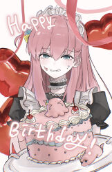Rule 34 | 1girl, absurdres, alternate costume, apron, balloon, black dress, blue eyes, bocchi the rock!, cake, choker, creature, dress, enmaided, food, frilled choker, frills, gotoh hitori, happy birthday, heart balloon, highres, holding, holding tray, long hair, looking at viewer, maid, maid apron, maid headdress, mam0524, pink hair, plate, puffy short sleeves, puffy sleeves, short sleeves, solo, tray, white apron