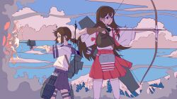 Rule 34 | 2girls, absurdres, akagi (kancolle), blue sailor collar, blue skirt, bow (weapon), brown eyes, brown hair, closed mouth, cloud, commentary request, cowboy shot, double-parted bangs, drawing bow, feet out of frame, firing, flight deck, fubuki (kancolle), hair between eyes, hakama, hakama short skirt, hakama skirt, highres, holding, holding bow (weapon), holding turret, holding weapon, japanese clothes, kantai collection, long hair, looking ahead, low ponytail, medium hair, midriff peek, multiple girls, muneate, muzzle flash, nontraditional miko, open mouth, outdoors, outstretched arm, pleated skirt, quiver, red ribbon, ribbon, rigging, sailor collar, sgm miguel, shirt, short sleeves, sidelocks, skirt, smoke, standing, tasuki, thigh strap, thighhighs, torpedo launcher, turret, waving, weapon, white shirt, white thighhighs, wide sleeves, zettai ryouiki