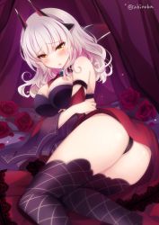 Rule 34 | 1girl, :o, ass, bare shoulders, black thighhighs, blush, breasts, carmilla (fate), cleavage, fate/grand order, fate (series), flower, horns, ichiyou moka, large breasts, long hair, looking at viewer, rose, silver hair, solo, thighhighs, twitter username, yellow eyes
