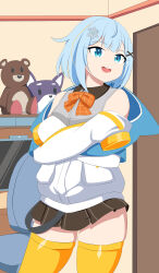 1girl blue_eyes blue_hair bow chair clothes_lift commission desk door globie hair_ornament highres hood hoodie hoodie_lift indoors looking_at_viewer monitor open_mouth pippa_pebblesworth pocket ribbon room short_hair skirt sleeves_past_fingers sleeves_past_wrists smile solo stuffed_toy teeth thighhighs thighs virtual_youtuber