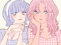 Rule 34 | 2girls, blue eyes, blunt bangs, bracelet, breasts, cleavage, dress, earrings, fashion, flower, flower (symbol), flower earrings, flower necklace, gingham, hand on own cheek, hand on own chin, hand on own face, headband, highres, jewelry, light purple hair, matching outfits, multiple girls, nail color coordination, nail polish, necklace, original, parted bangs, pink dress, pink hair, pink lips, plaid, plaid dress, print dress, puffy short sleeves, puffy sleeves, purple dress, purple eyes, purple nails, rikuwo, ring, short sleeves, simple background, smile, tan, white background, white nails