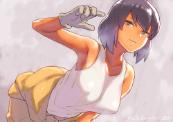 Rule 34 | 1girl, armpits, artist name, bob cut, breasts, brown hair, closed mouth, clothes around waist, commentary, covered erect nipples, dark-skinned female, dark skin, girls und panzer, gloves, green eyes, grey gloves, half-closed eyes, hamushima, hoshino (girls und panzer), jumpsuit, jumpsuit around waist, large breasts, leaning forward, looking at viewer, mechanic, orange jumpsuit, shirt, short hair, signature, smile, solo, standing, tank top, uniform, white shirt