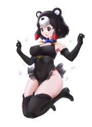 Rule 34 | 1girl, animal ears, armpits, bare shoulders, bear ears, beleven, black eyes, black hair, boots, bow, bowtie, breasts, cleavage, cleavage cutout, clothing cutout, colored inner hair, covered erect nipples, covered navel, elbow gloves, extra ears, frilled leotard, frills, full body, fur-trimmed gloves, fur trim, gloves, grey eyes, groin, hands up, heart, highres, higumamon (kemono friends), kemono friends, leotard, looking down, medium breasts, medium hair, midair, multicolored eyes, multicolored hair, paid reward available, parted lips, red hair, sidelocks, simple background, solo, thigh boots, thighs, white background, white hair