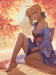Rule 34 | 1girl, ahoge, alternate costume, artoria pendragon (all), artoria pendragon (fate), autumn leaves, bare legs, bare shoulders, barefoot, bianyuanqishi, blue ribbon, breasts, cleavage, closed mouth, collarbone, evening, fate/stay night, fate (series), feet, floral print, green eyes, hair ribbon, head tilt, japanese clothes, kimono, long sleeves, looking at viewer, medium breasts, off shoulder, onsen, open clothes, open kimono, outdoors, ribbon, rock, saber (fate), sash, signature, smile, solo, sunlight, water, wide sleeves, yukata
