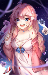 Rule 34 | 1girl, :d, ahoge, artist name, bare shoulders, blood, blood on clothes, blood on face, bloody knife, blue bow, blue eyes, blue flower, blush, bow, breasts, brown flower, brown hair, choker, cleavage, copyright request, dress, flower, hair between eyes, hair flower, hair ornament, hairclip, hand up, highres, index finger raised, jacket, knife, long hair, long sleeves, looking at viewer, medium breasts, multicolored hair, off shoulder, open clothes, open jacket, open mouth, pink flower, pink hair, pink jacket, purple flower, round teeth, sleeveless, sleeveless dress, sleeves past wrists, smile, solo, squchan, teeth, treble clef, two-tone hair, upper teeth only, very long hair, white choker, white dress