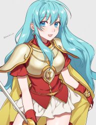 Rule 34 | 1girl, :d, armor, blue eyes, blue hair, breastplate, commentary, cowboy shot, earrings, eirika (fire emblem), fire emblem, fire emblem: the sacred stones, grey background, hair between eyes, highres, holding, holding sword, holding weapon, jewelry, long hair, looking at viewer, miniskirt, nintendo, open mouth, pauldrons, peach11 01, red shirt, shirt, short sleeves, shoulder armor, simple background, skirt, smile, solo, standing, sword, twitter username, very long hair, weapon, white skirt