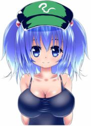 Rule 34 | 1girl, animated, animated gif, bare shoulders, black school swimsuit, blinking, blue eyes, blue hair, blush, bouncing breasts, breasts, cleavage, collarbone, embarrassed, emofuri, facing viewer, hair bobbles, hair ornament, happy, hat, kawashiro nitori, large breasts, looking at viewer, looking away, lowres, matching hair/eyes, md5 mismatch, moura (kenyuugetu), one-piece swimsuit, open mouth, sad smile, school swimsuit, shiny clothes, short hair, short twintails, simple background, skin tight, smile, solo, surprised, swimsuit, touhou, twintails, two side up, ugoira, upper body, white background